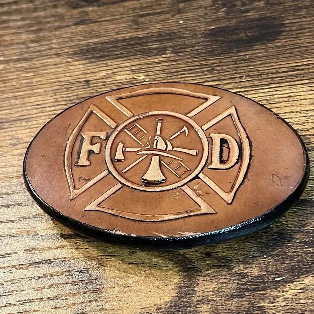 VTG GABC Rare Leather Fire Dept Maltese Cross Belt Buckle Firefighter 1980s USA